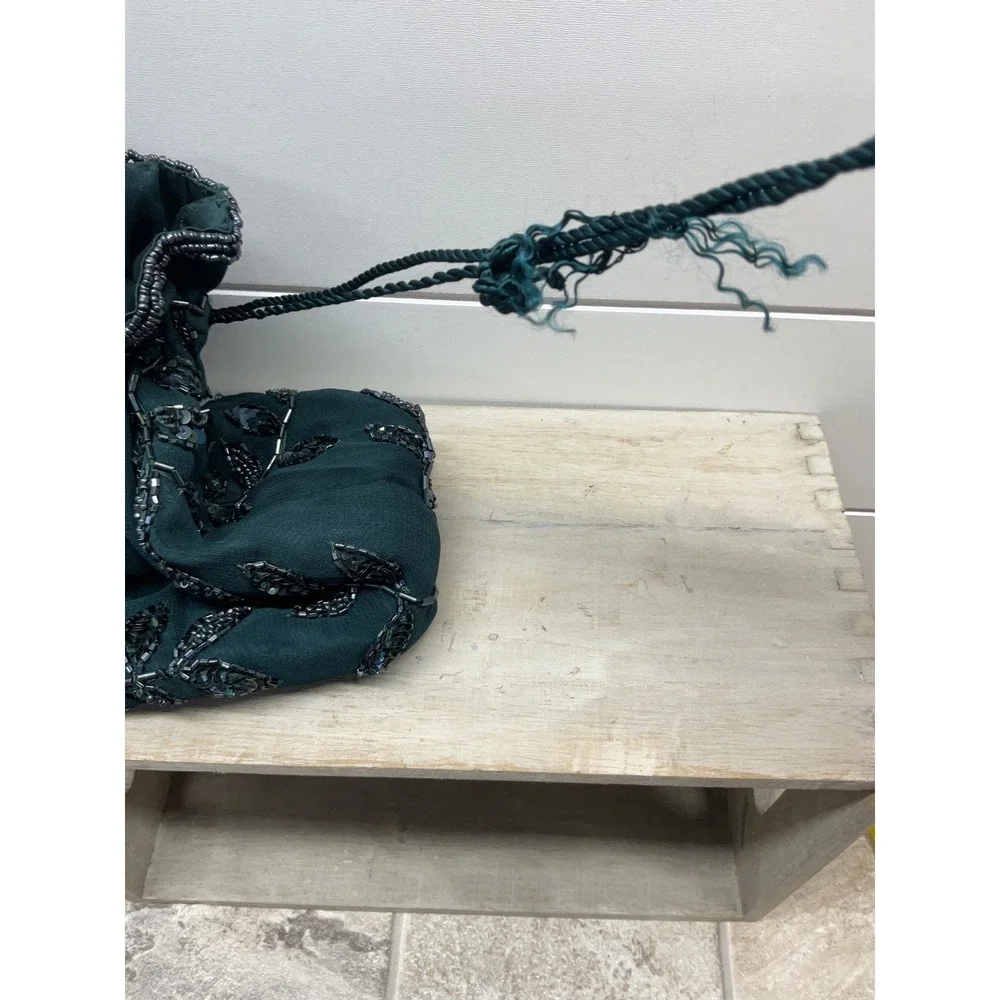 Accessorize Dark Green Beaded Leaf Drawstring Evening Pouch Bag Viscose